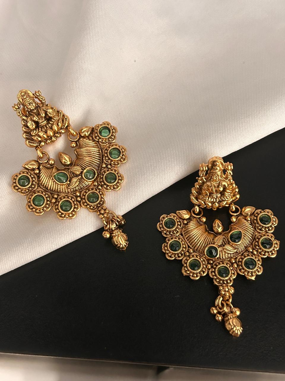 Temple Design Antique Gold Earrings with Green Stones