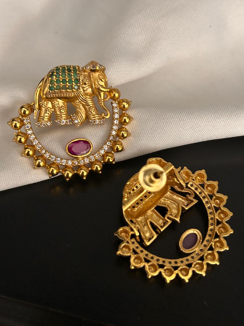 Royal Elephant Motif Earrings with Green & Ruby Accents