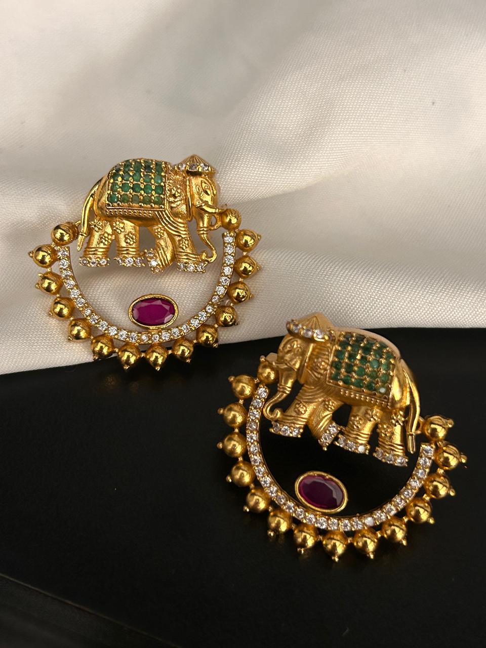 Royal Elephant Motif Earrings with Green & Ruby Accents
