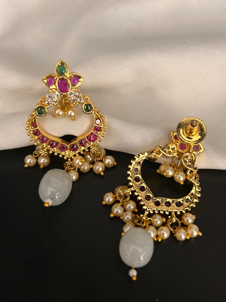 Ruby & Emerald Stone Chandbali Earrings with Pearl Drops