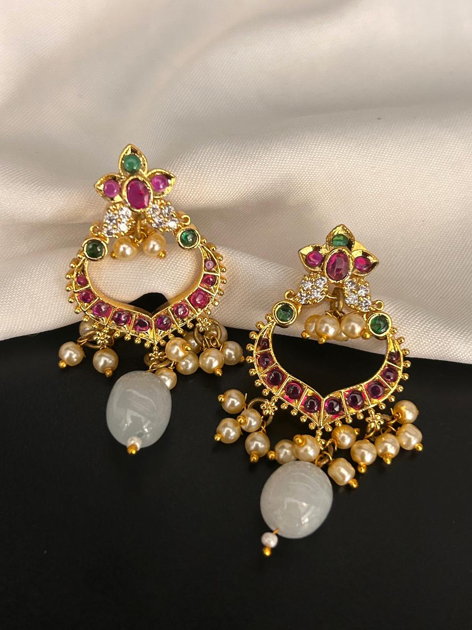 Ruby & Emerald Stone Chandbali Earrings with Pearl Drops