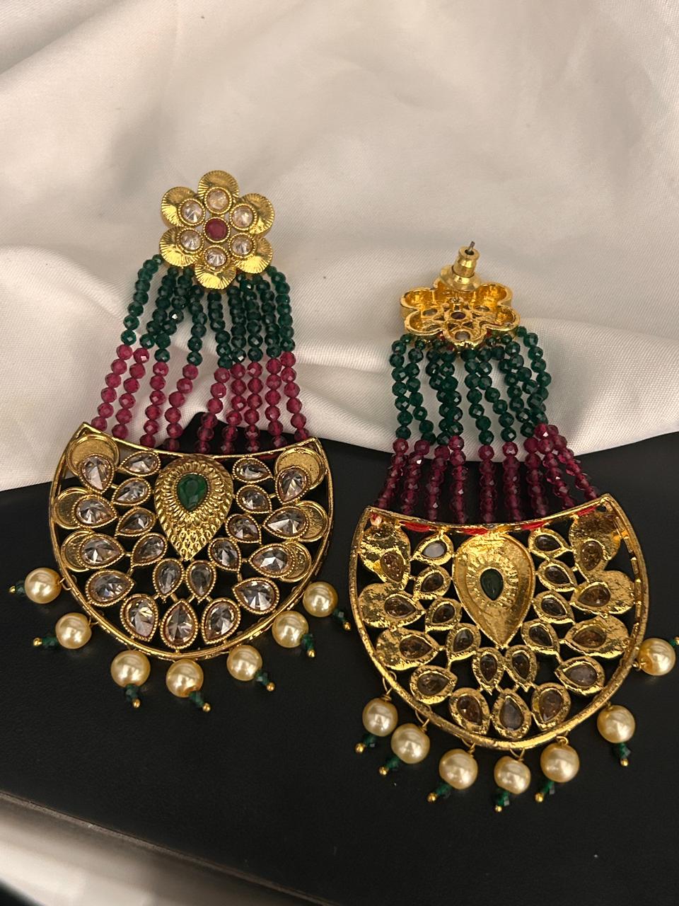 Kundan Statement Earrings with Green & Maroon Bead Strings