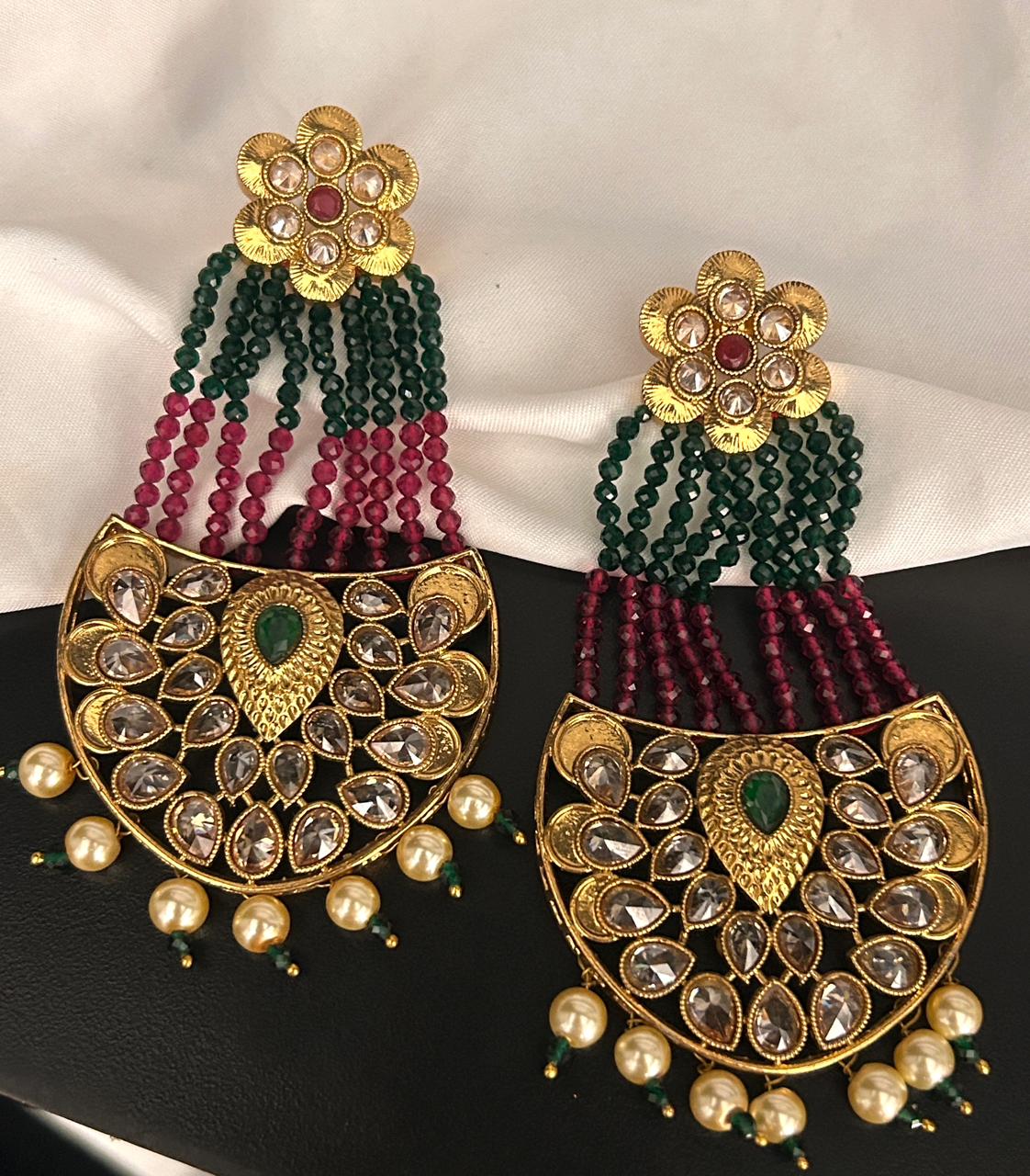 Kundan Statement Earrings with Green & Maroon Bead Strings