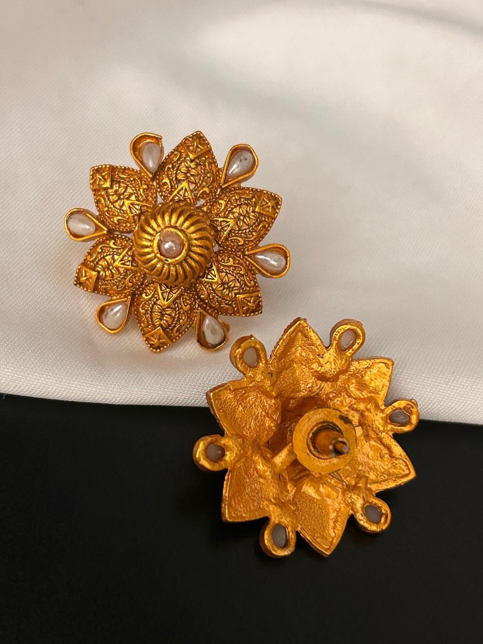 Antique Gold Floral Stud Earrings with Pearl Accents