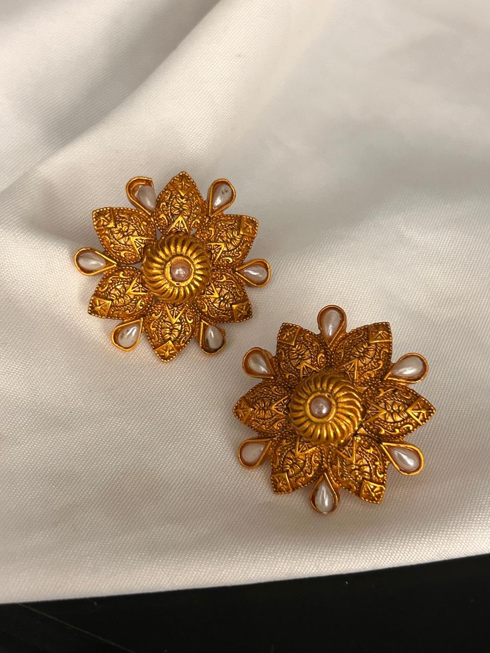 Antique Gold Floral Stud Earrings with Pearl Accents