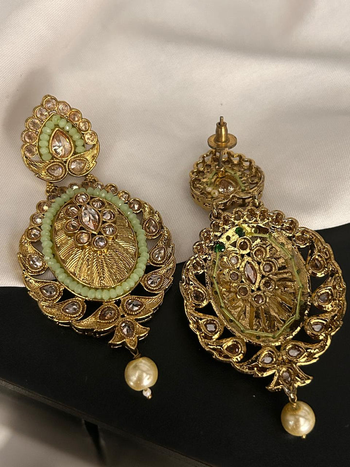 Green Kundan Teardrop Earrings with Pearl Drop
