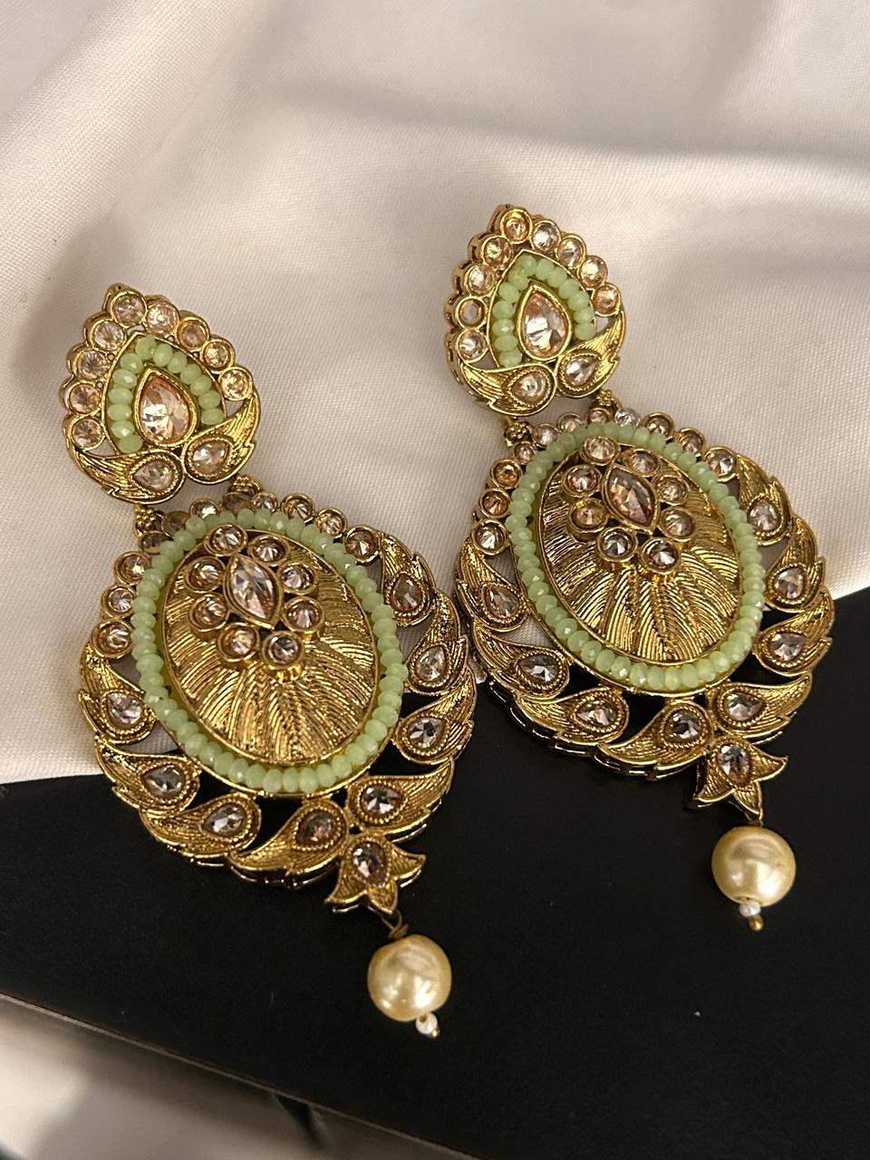 Green Kundan Teardrop Earrings with Pearl Drop
