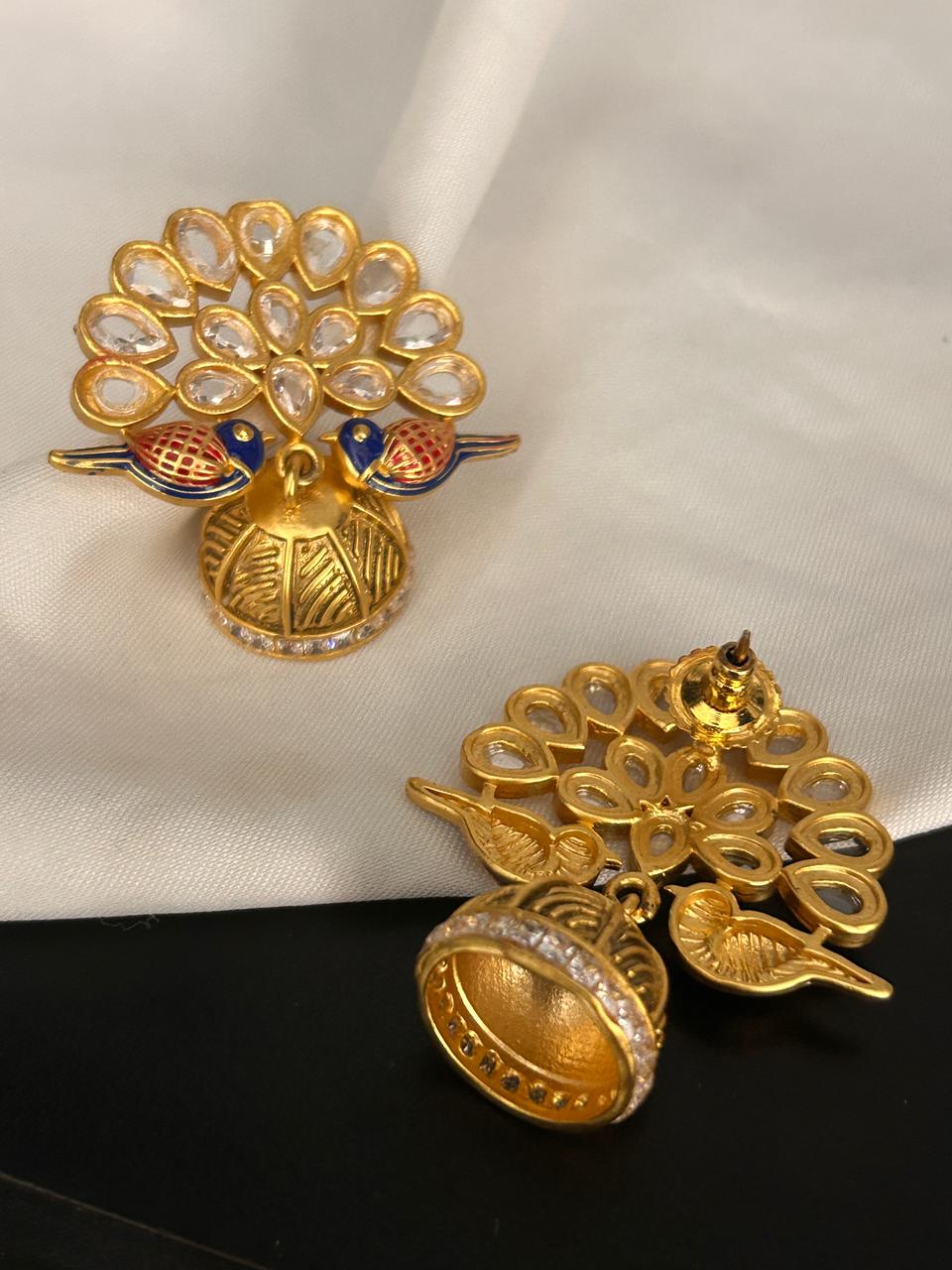 Peacock Design Kundan Earrings with Enamel Detailing