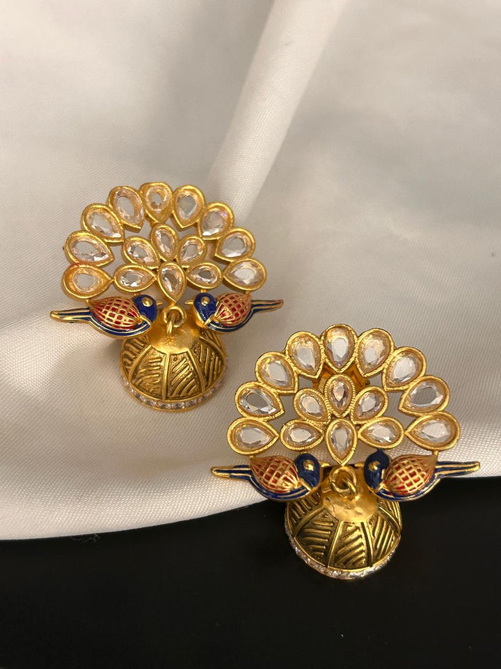 Peacock Design Kundan Earrings with Enamel Detailing