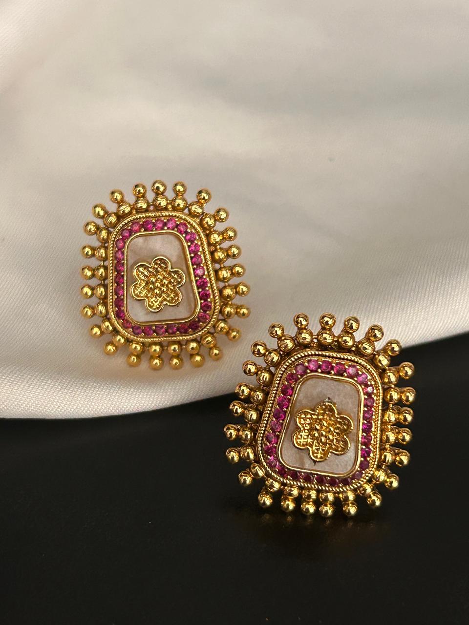 Antique Gold Stud Earrings with Pink Stone Detailing