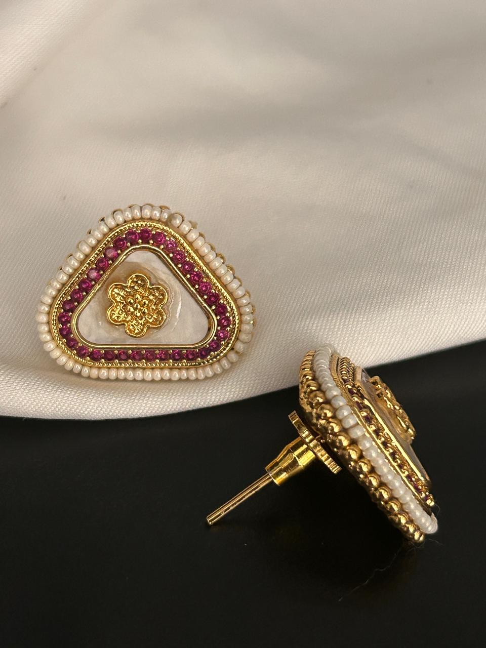 Triangle Stud Earrings with Pearl and Pink Stone Border