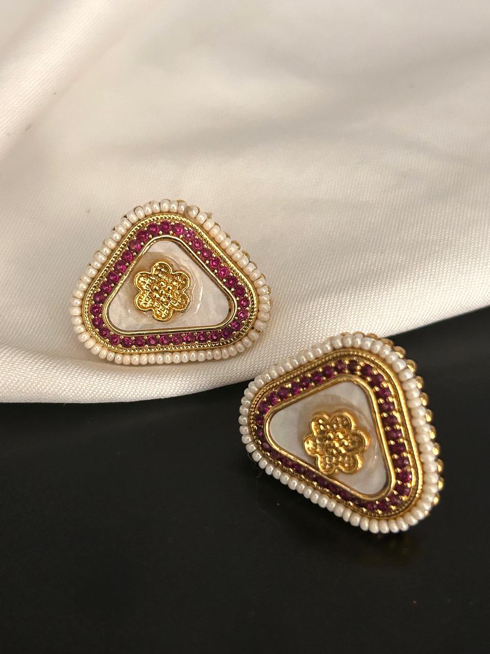 Triangle Stud Earrings with Pearl and Pink Stone Border