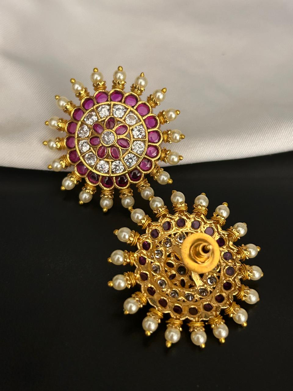 Ruby & Pearl Sunburst Stud Earrings