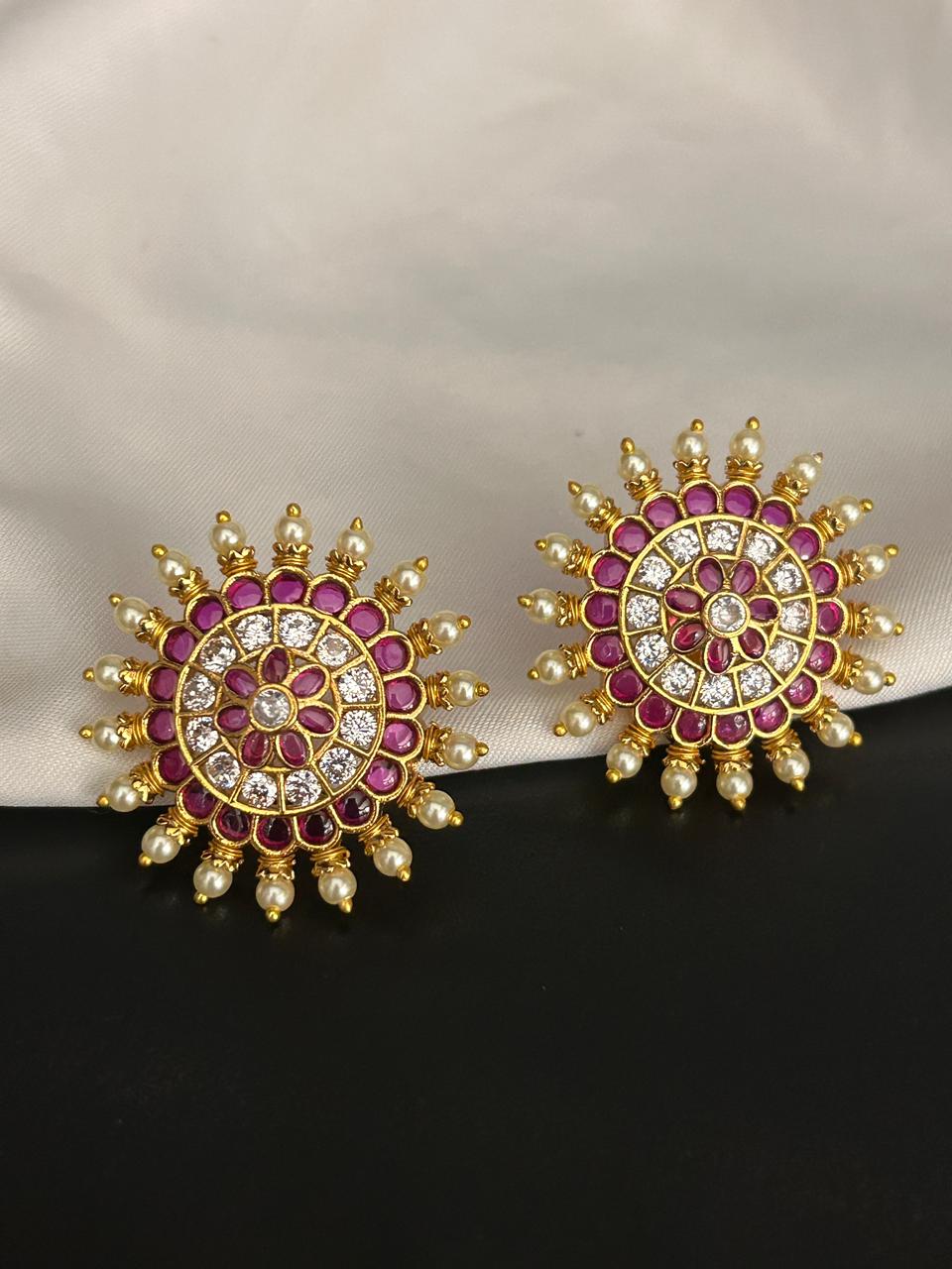 Ruby & Pearl Sunburst Stud Earrings