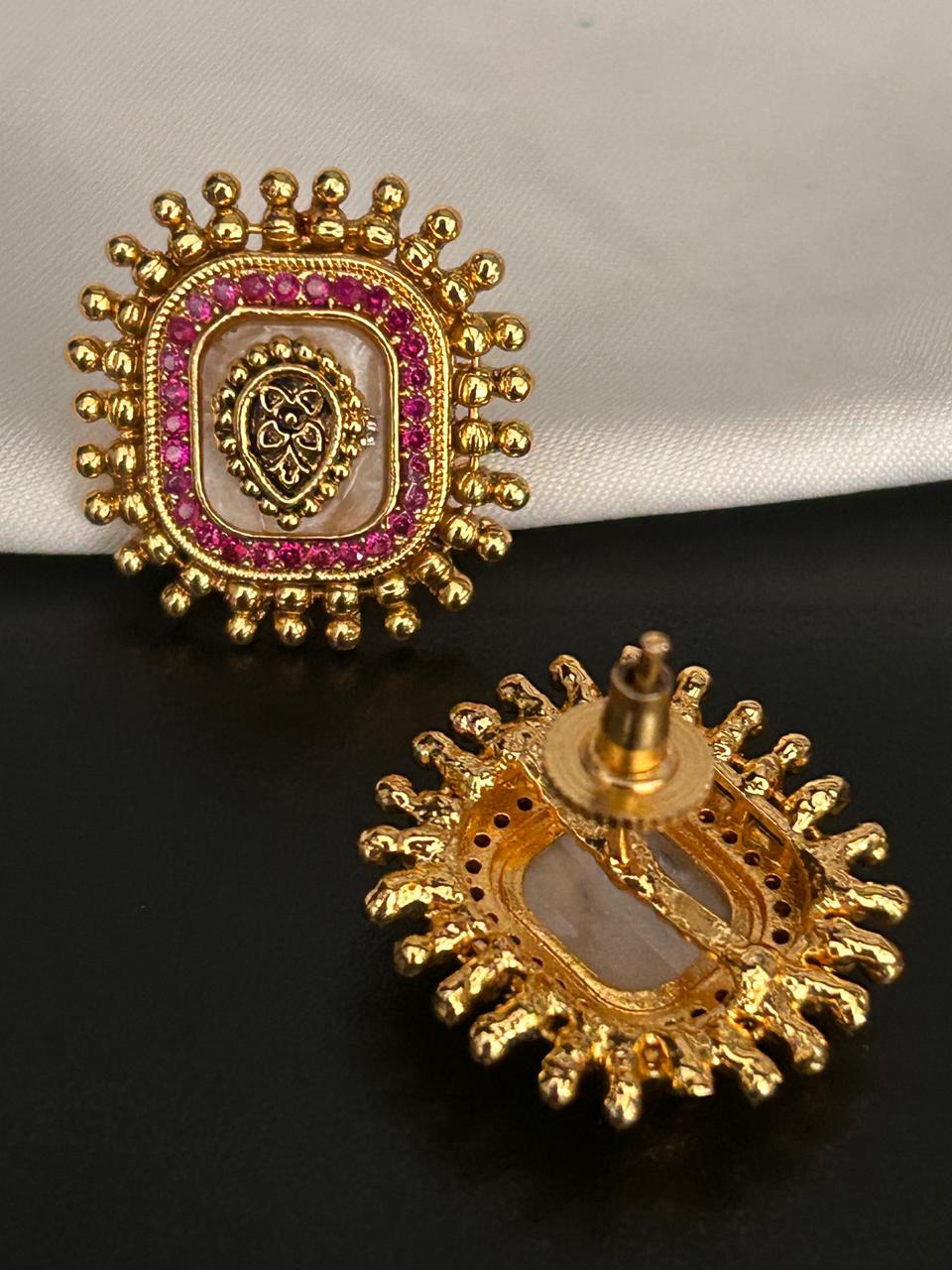 Ruby Stone Antique Gold Stud Earrings