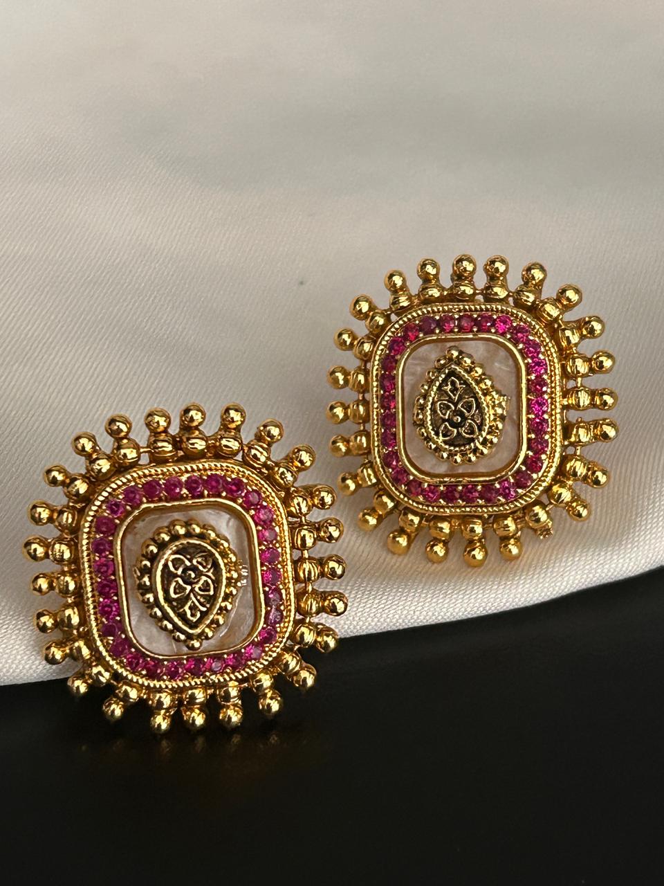 Ruby Stone Antique Gold Stud Earrings