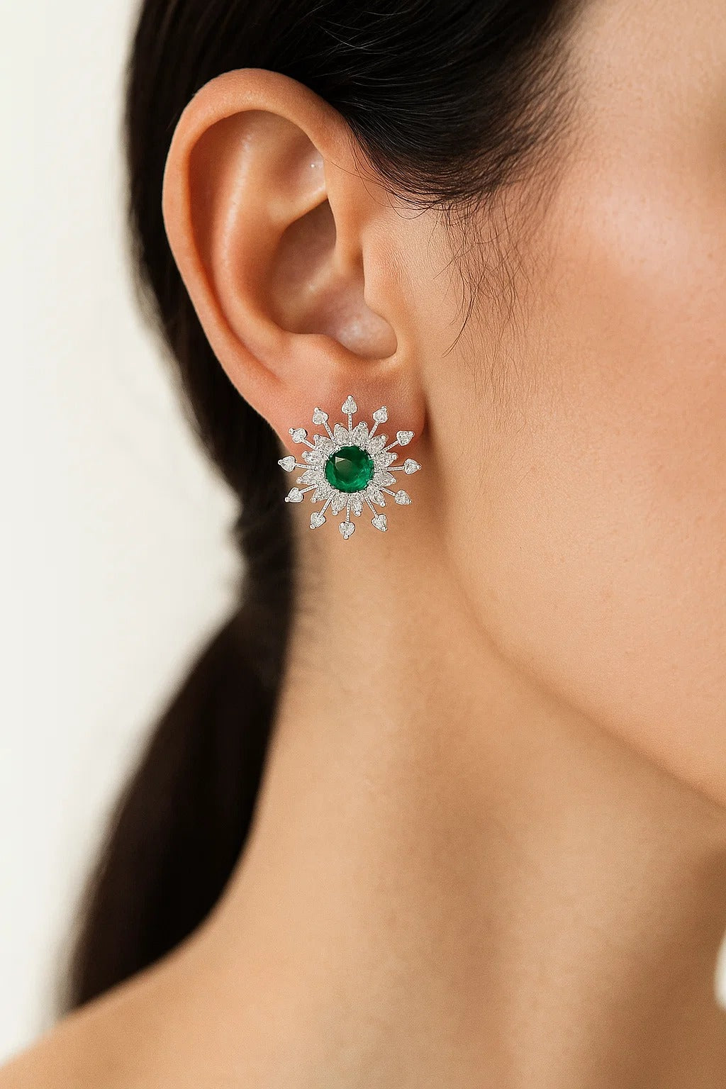Emerald Green Diamond Burst Stud Earrings
