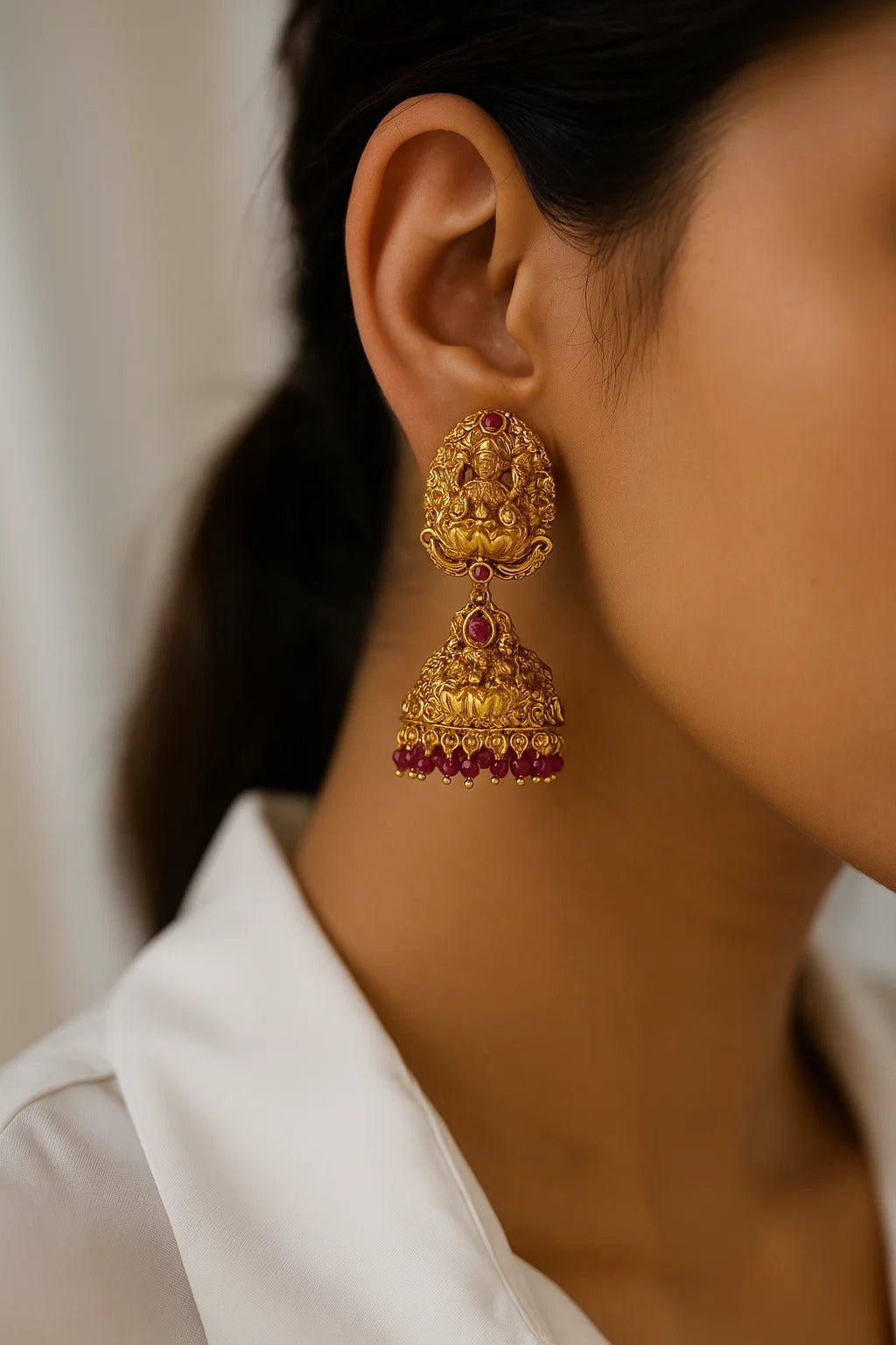 Temple Design Antique Gold Jhumka with Ruby Beads