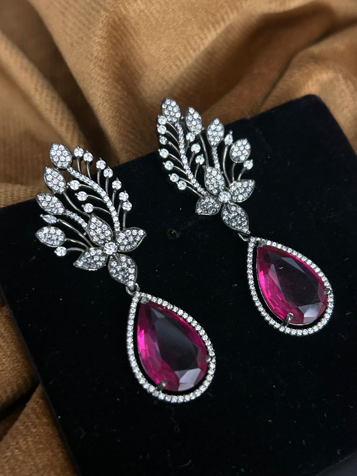 Ruby Red Stone CZ Drop Earrings