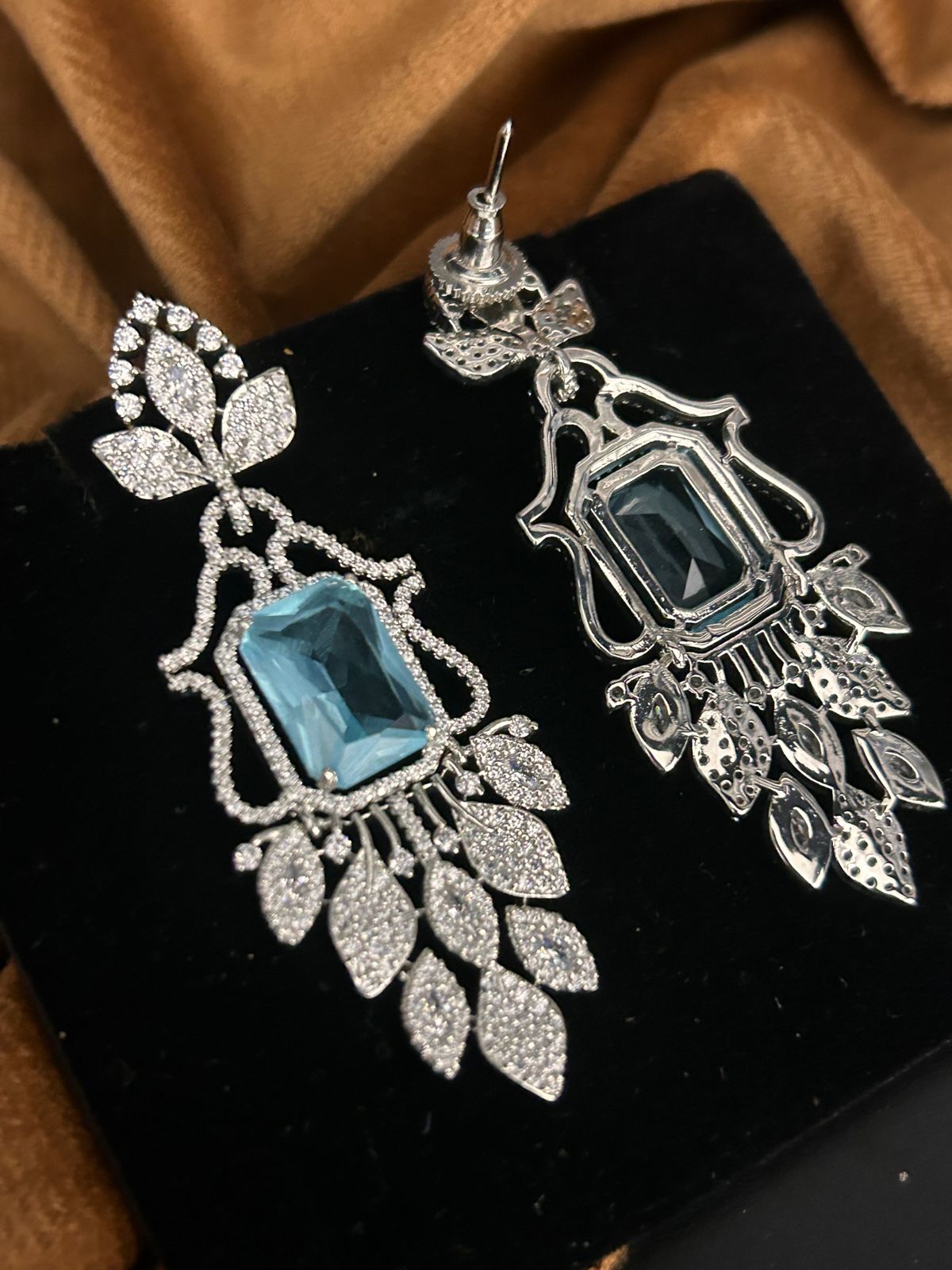 Blue Stone CZ Leaf Drop Earrings