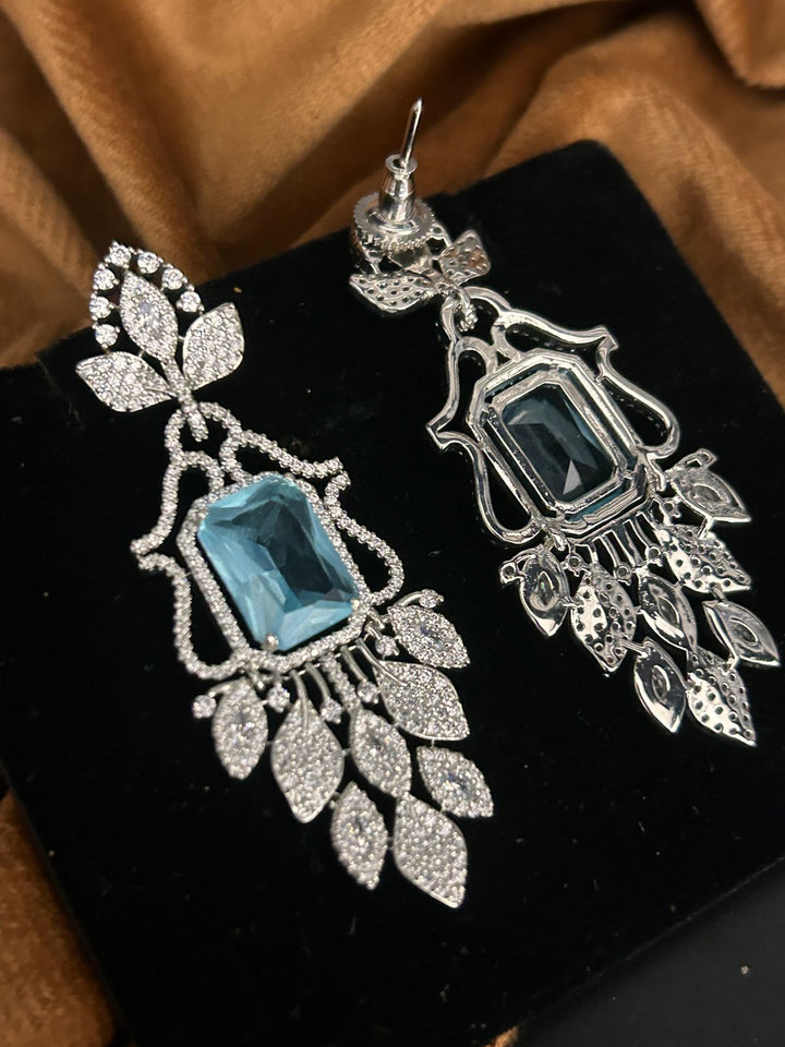 Blue Stone CZ Leaf Drop Earrings