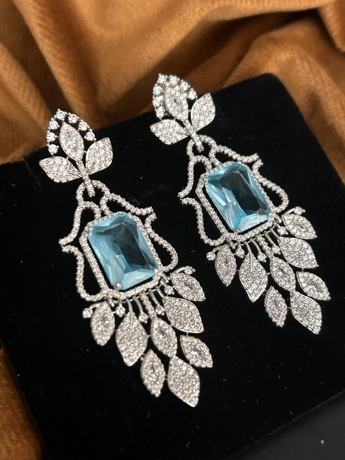Blue Stone CZ Leaf Drop Earrings