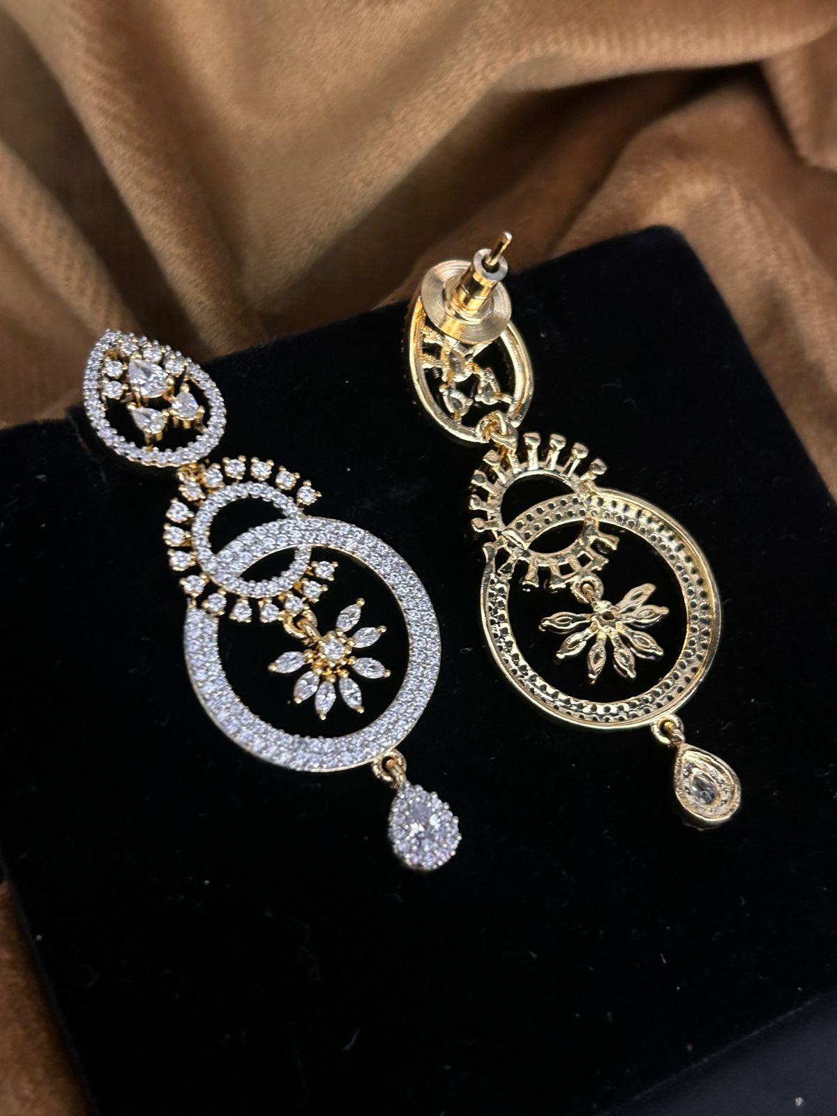CZ Floral Double Hoop Drop Earrings