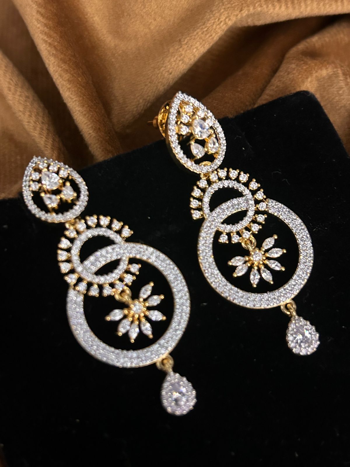 CZ Floral Double Hoop Drop Earrings