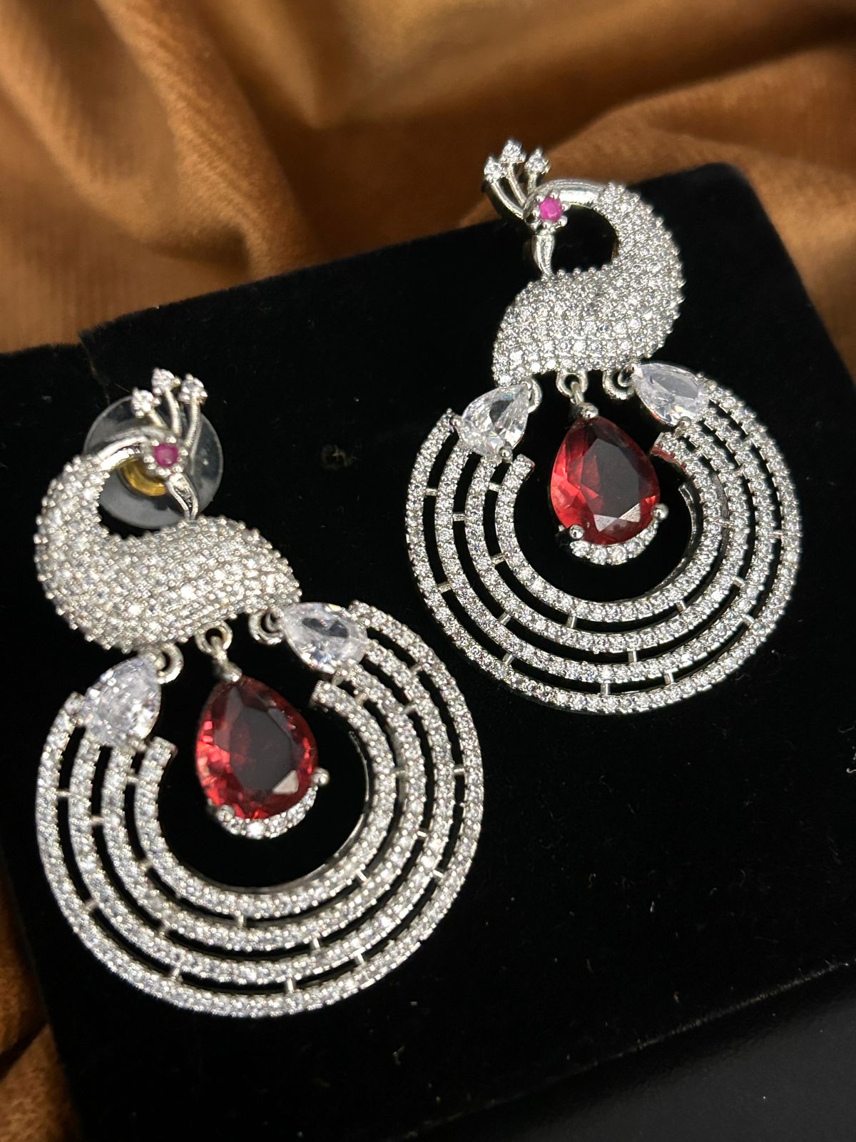 Ruby Red Peacock CZ Statement Earrings