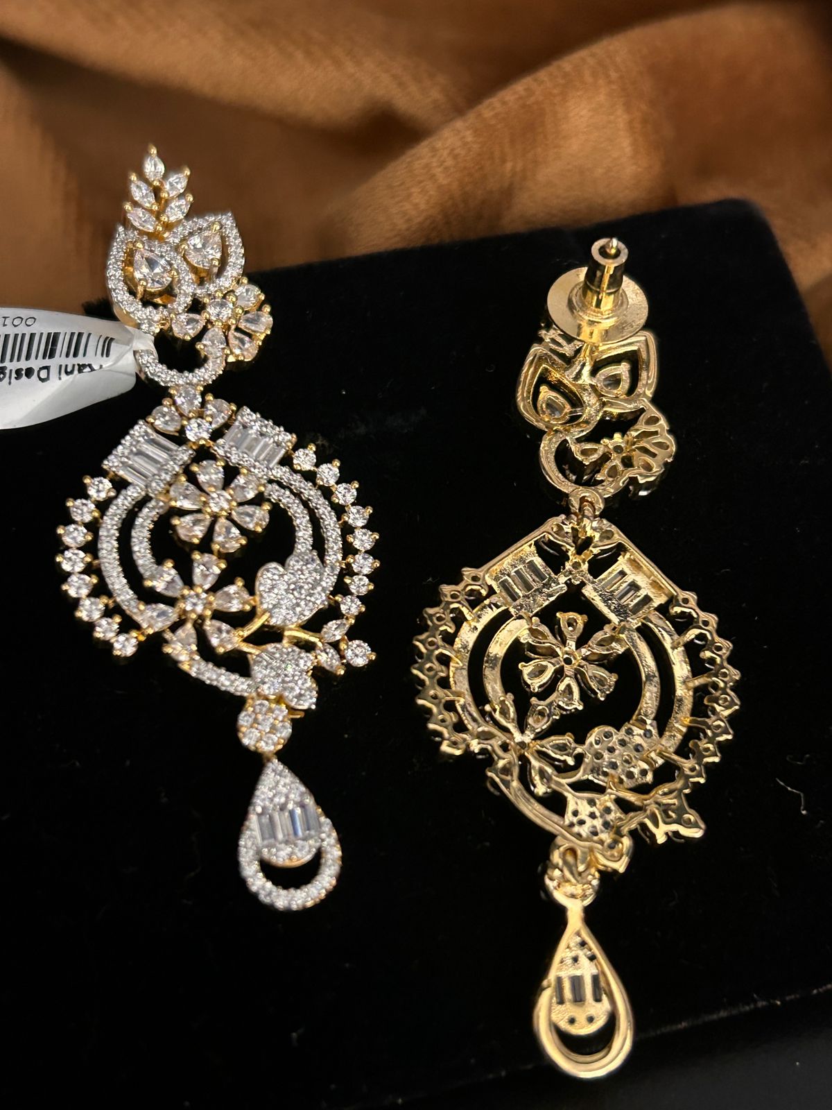 Gold Finish Crystal Floral Long Statement Earrings