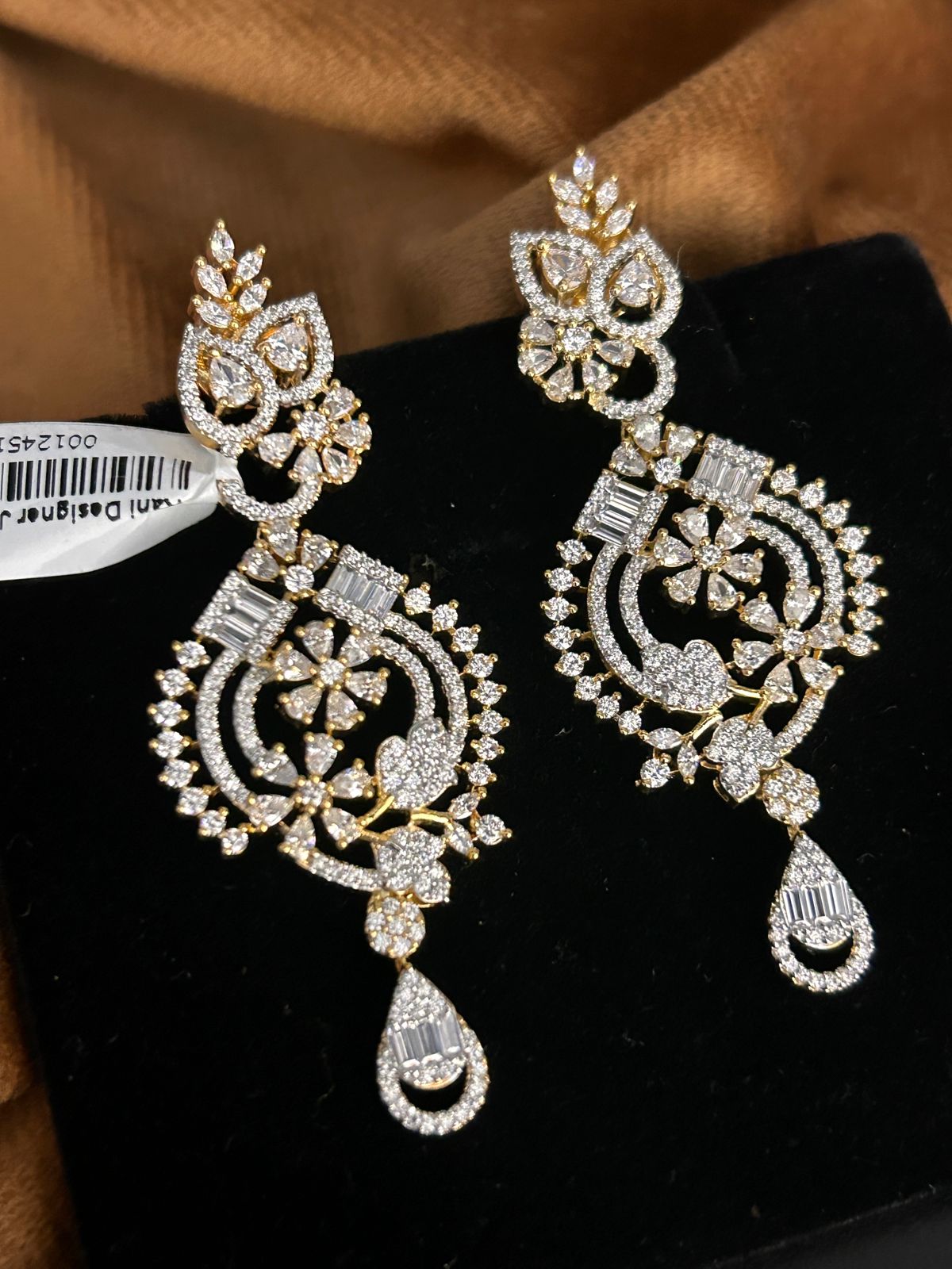 Gold Finish Crystal Floral Long Statement Earrings