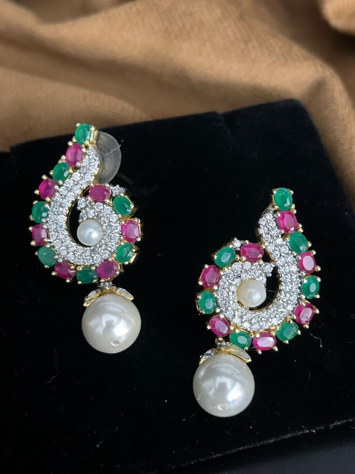 Ruby Emerald Pearl Drop Earrings