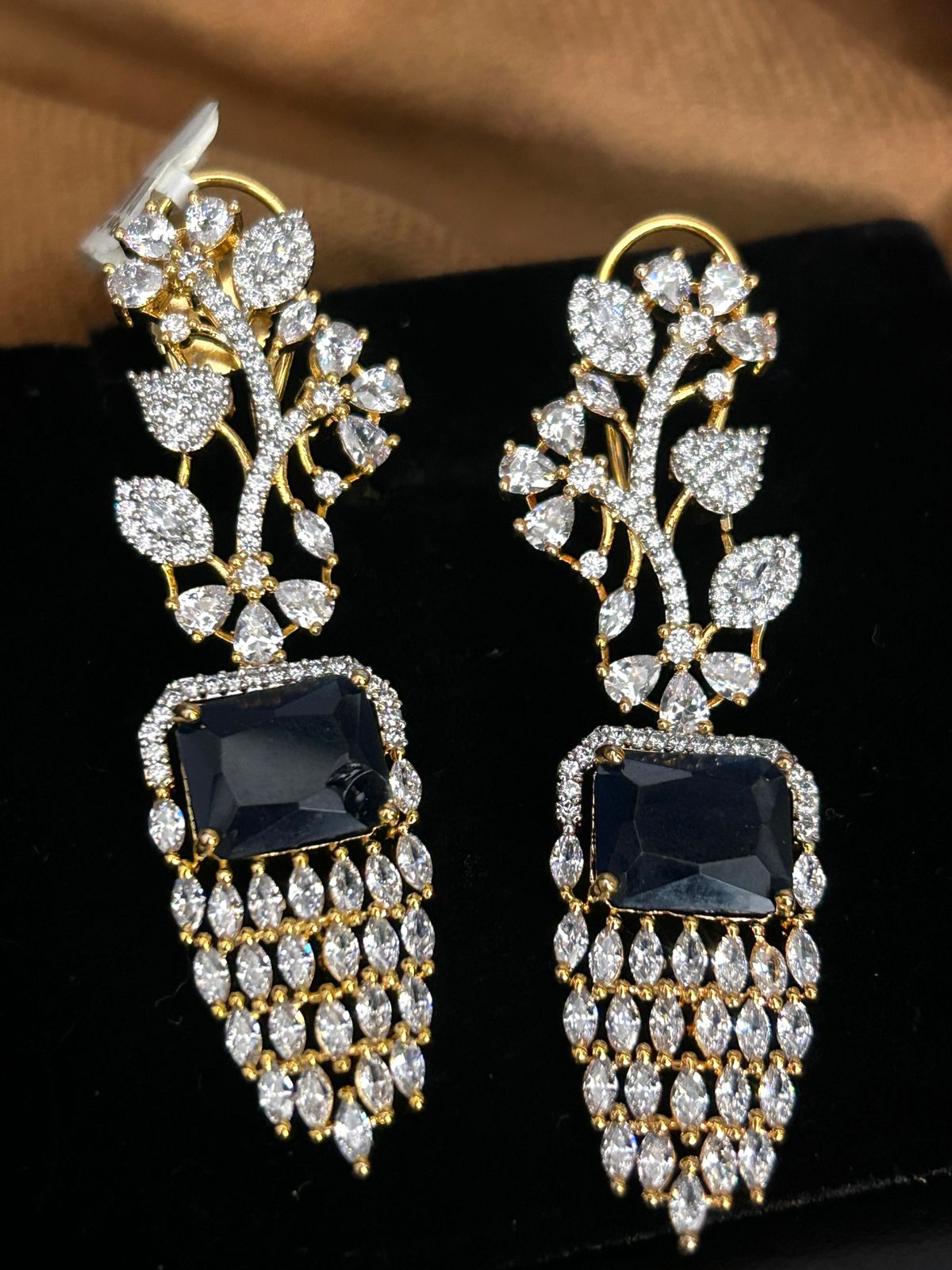 Black Stone Leaf Cascade Earrings