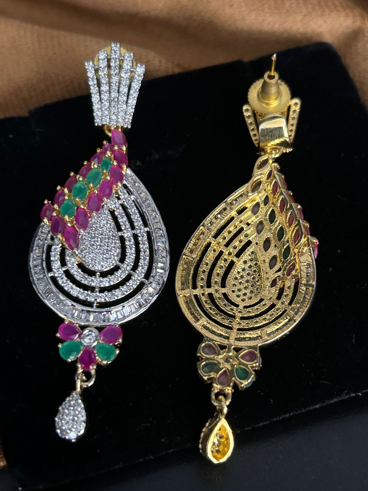Ruby & Emerald CZ Designer Drop Earrings