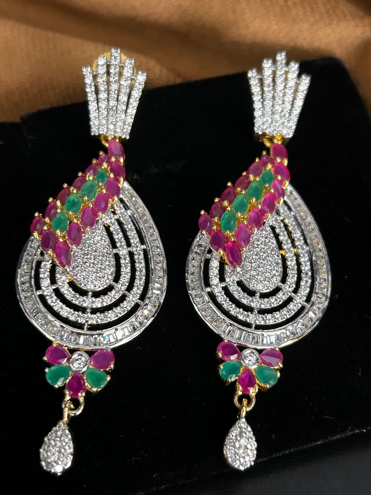 Ruby & Emerald CZ Designer Drop Earrings