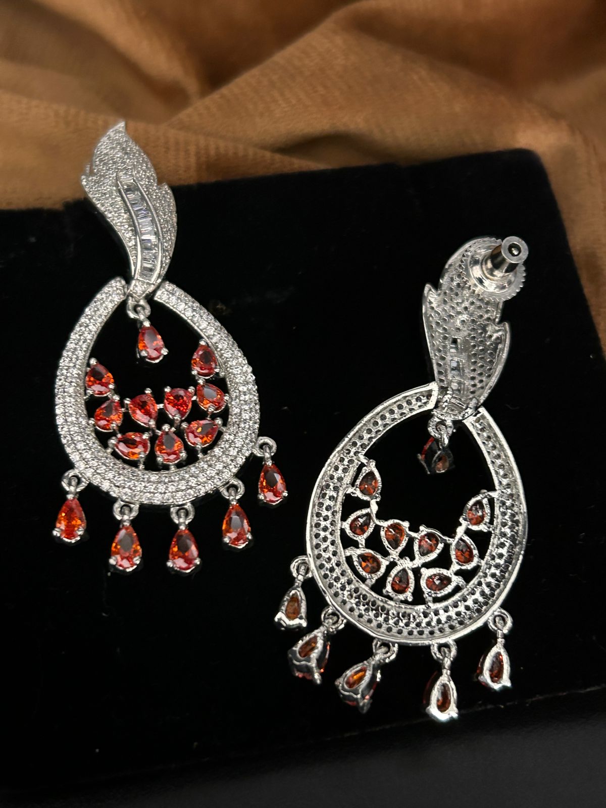 Sparkling Orange CZ Teardrop Long Earrings