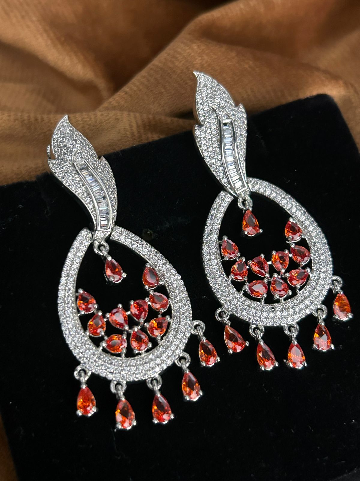 Sparkling Orange CZ Teardrop Long Earrings