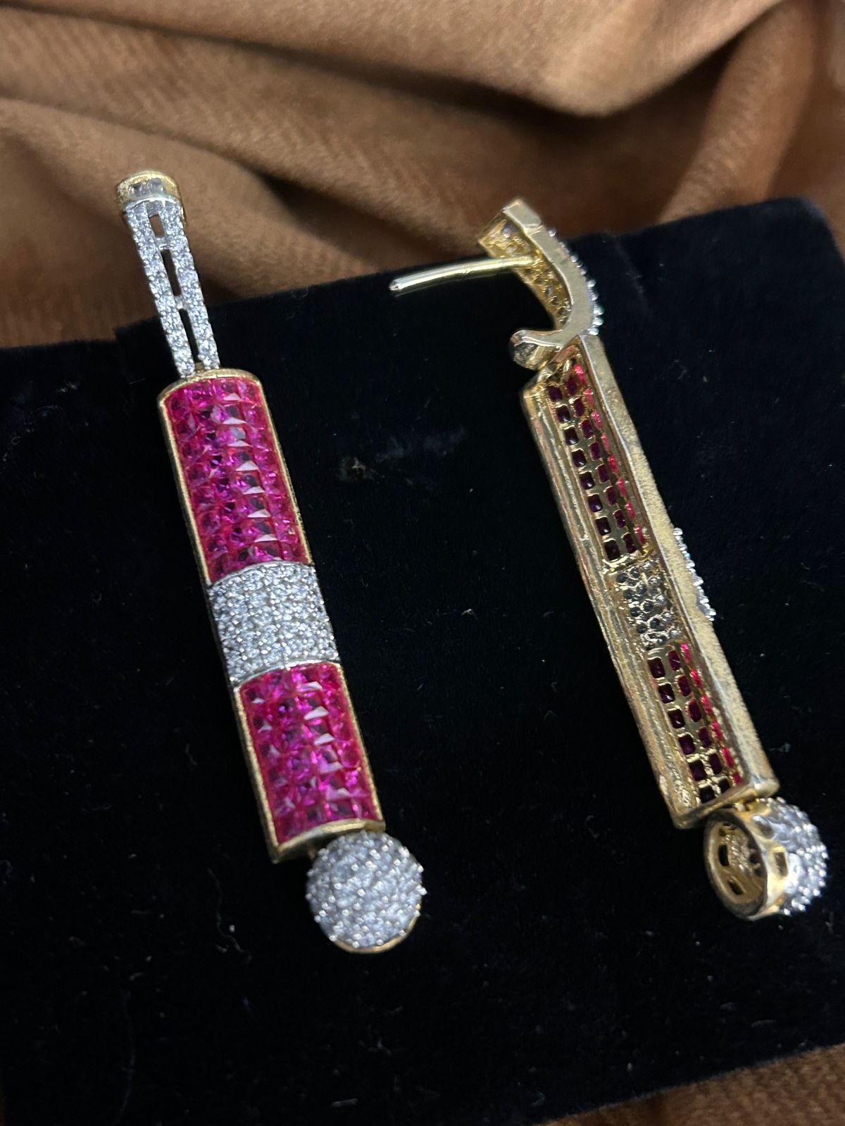 Ruby Pink & CZ Geometric Drop Earrings