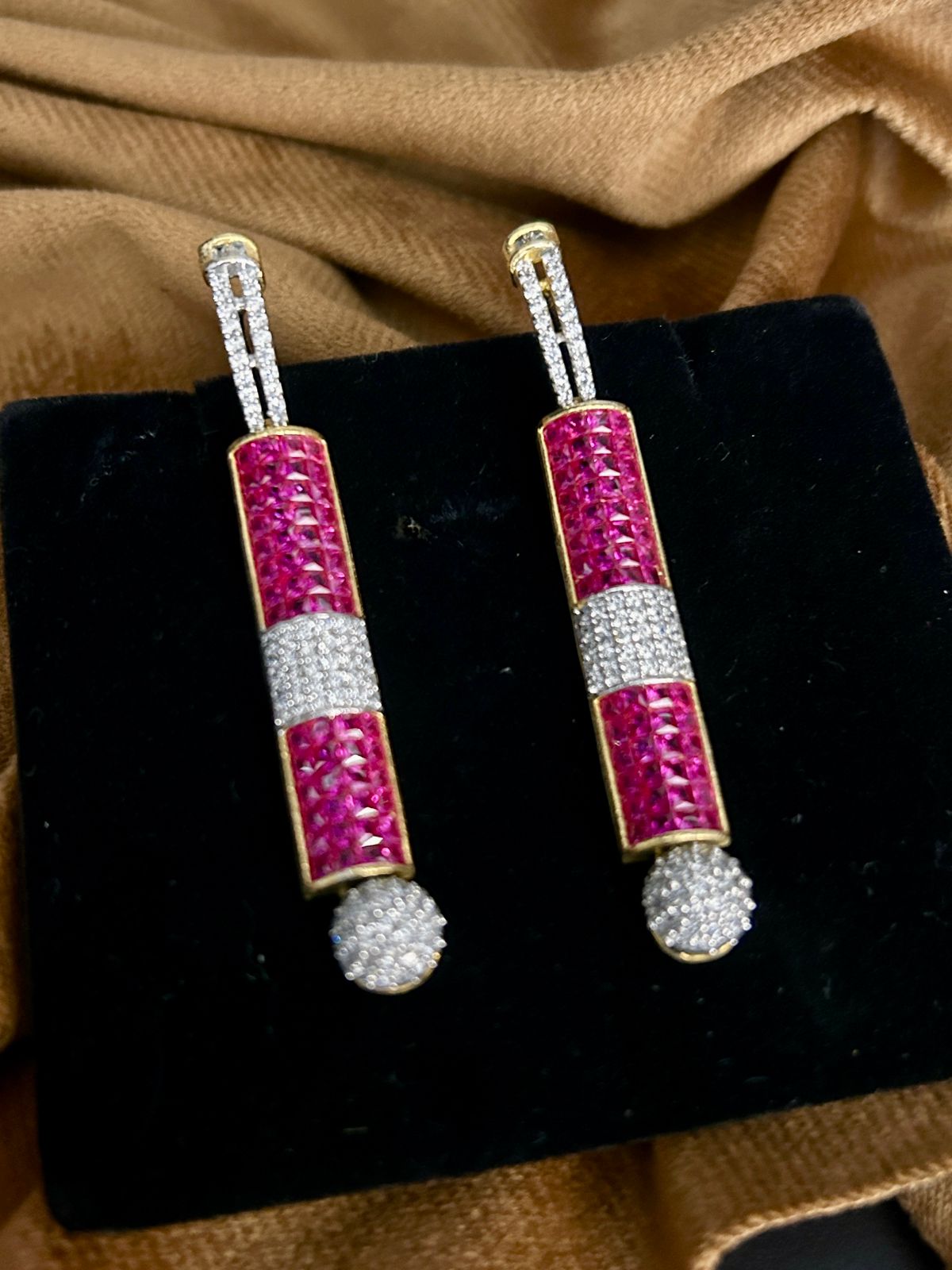 Ruby Pink & CZ Geometric Drop Earrings