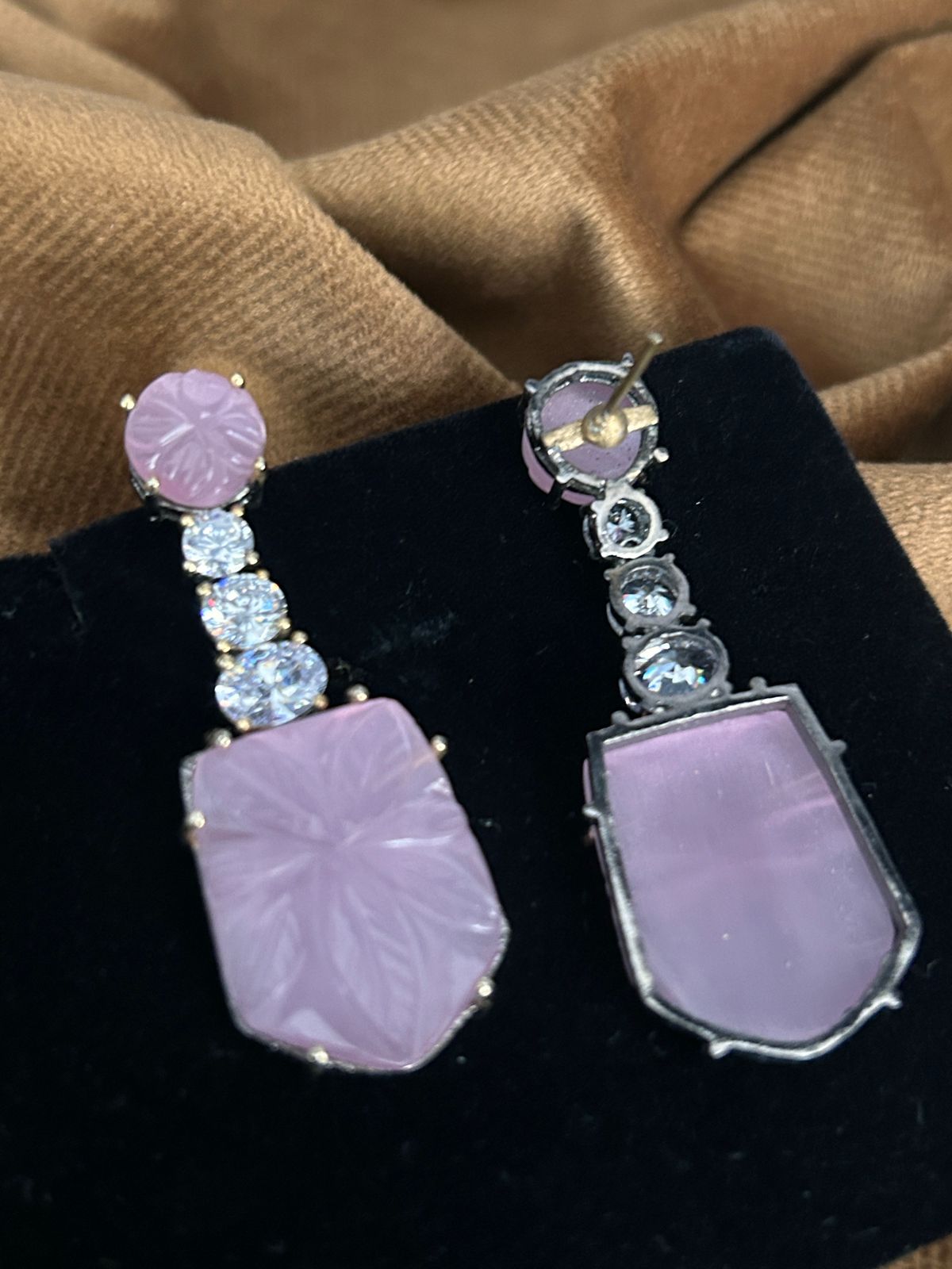 Pastel Carved Stone Drop Earrings with CZ Accents