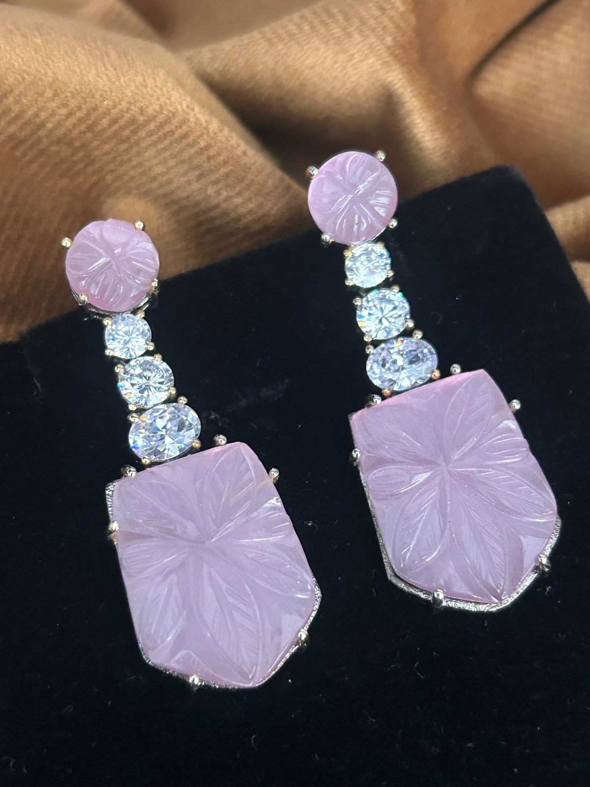 Pastel Carved Stone Drop Earrings with CZ Accents