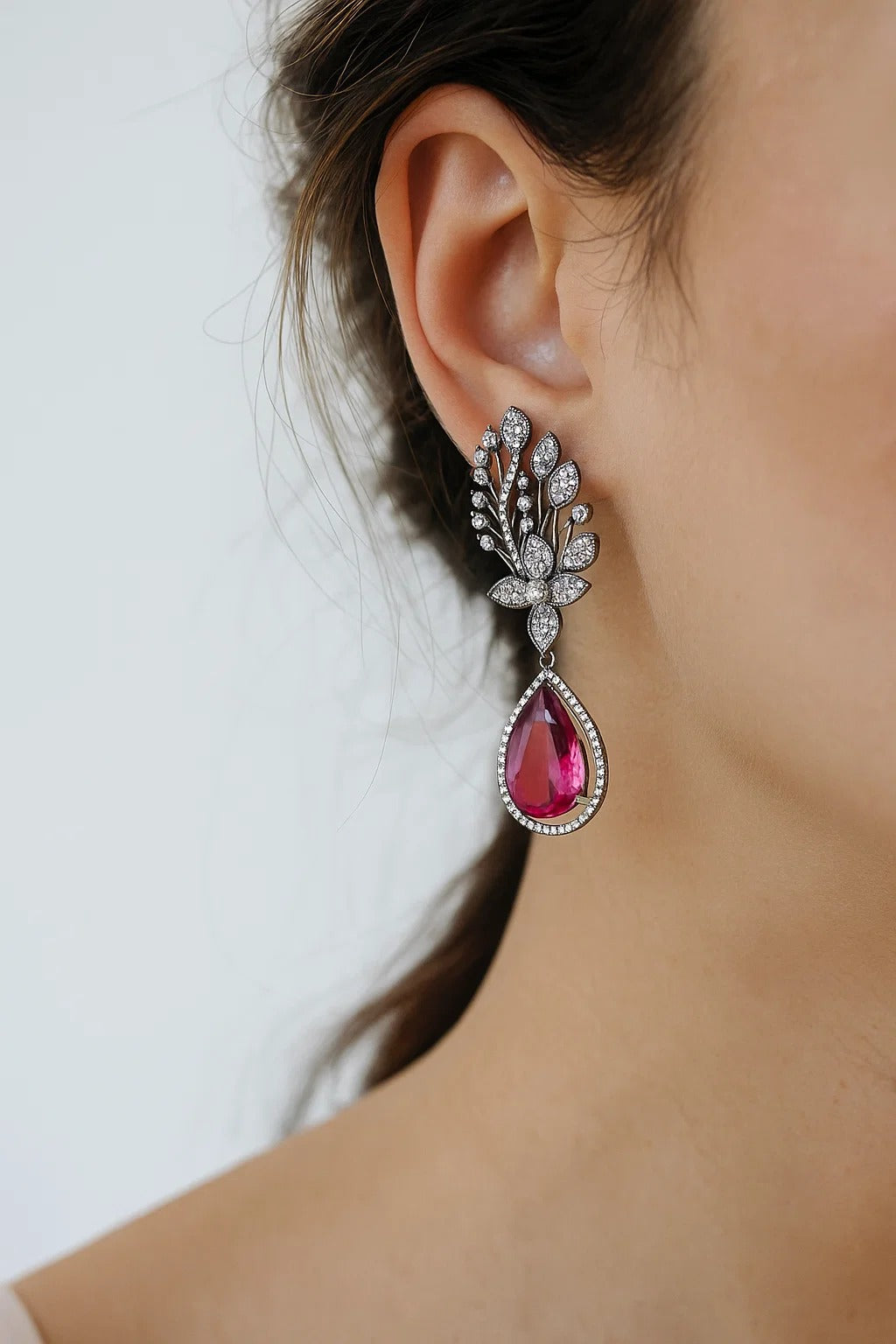 Ruby Red Stone CZ Drop Earrings