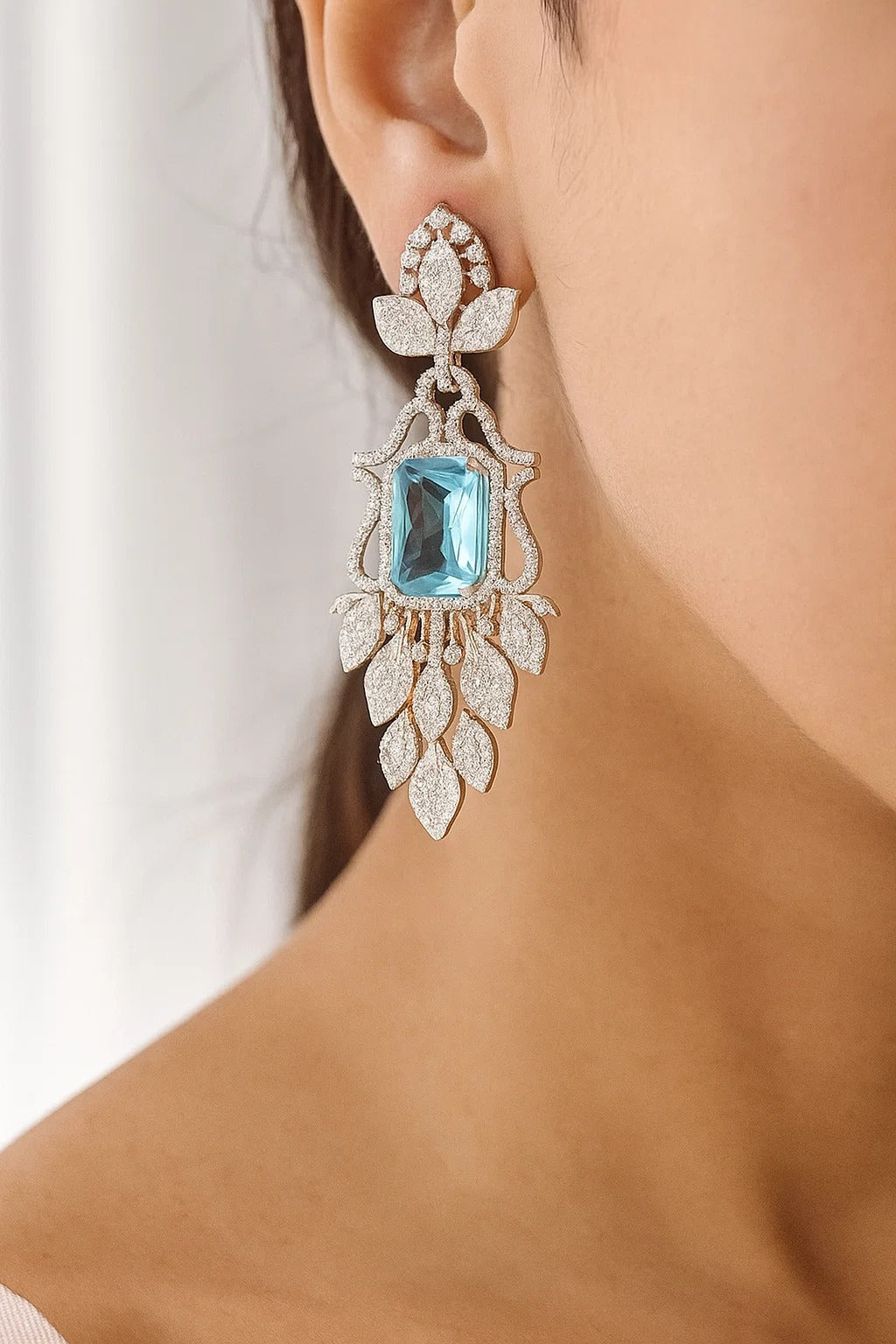 Blue Stone CZ Leaf Drop Earrings