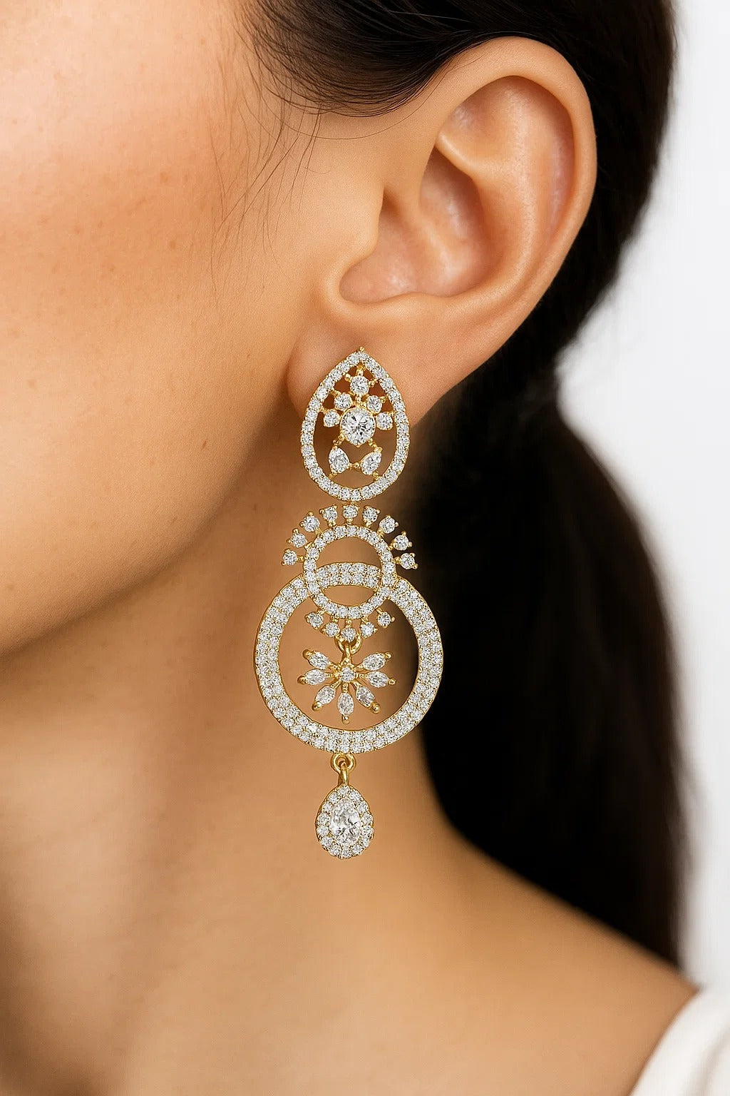 CZ Floral Double Hoop Drop Earrings
