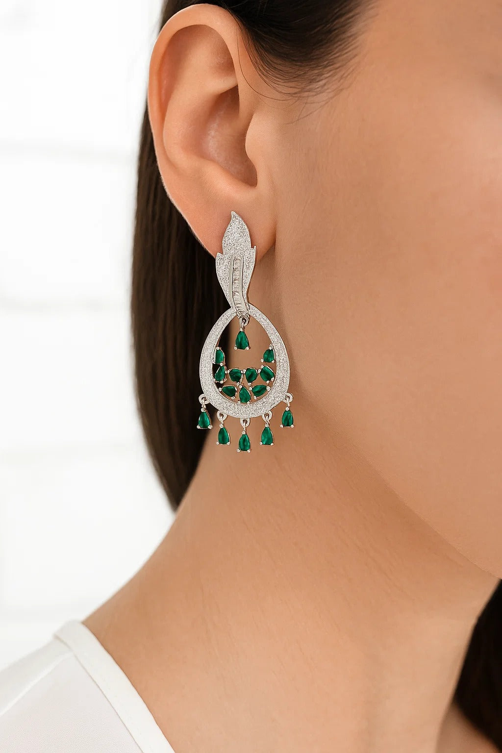 Emerald Green CZ Teardrop Dangler Earrings