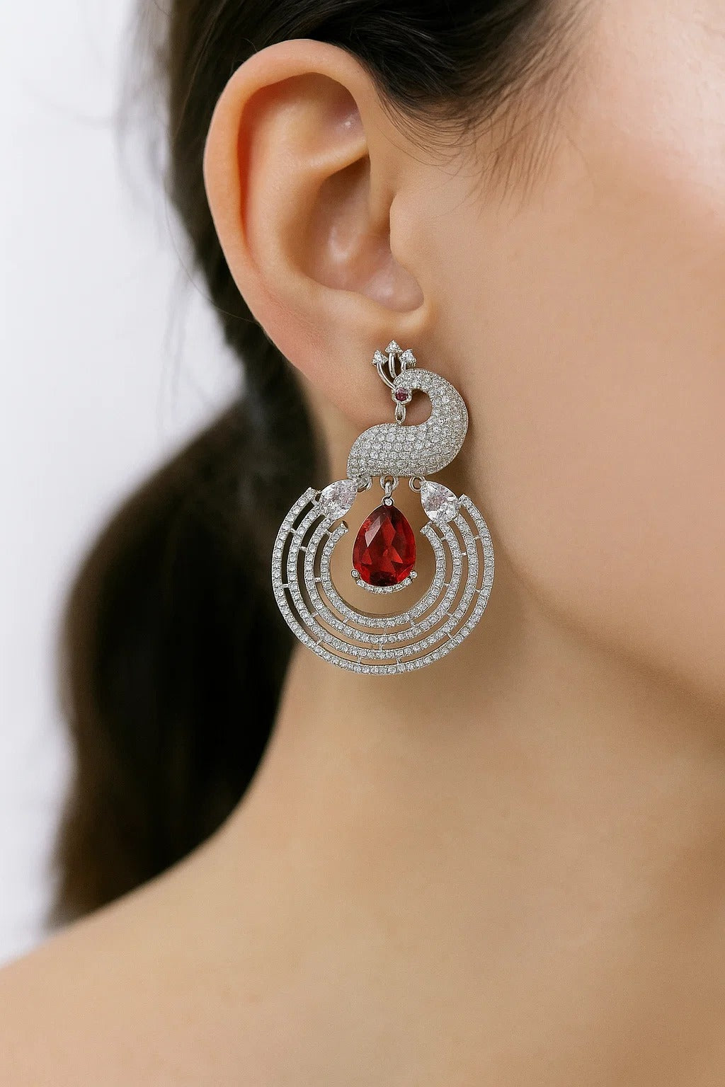 Ruby Red Peacock CZ Statement Earrings
