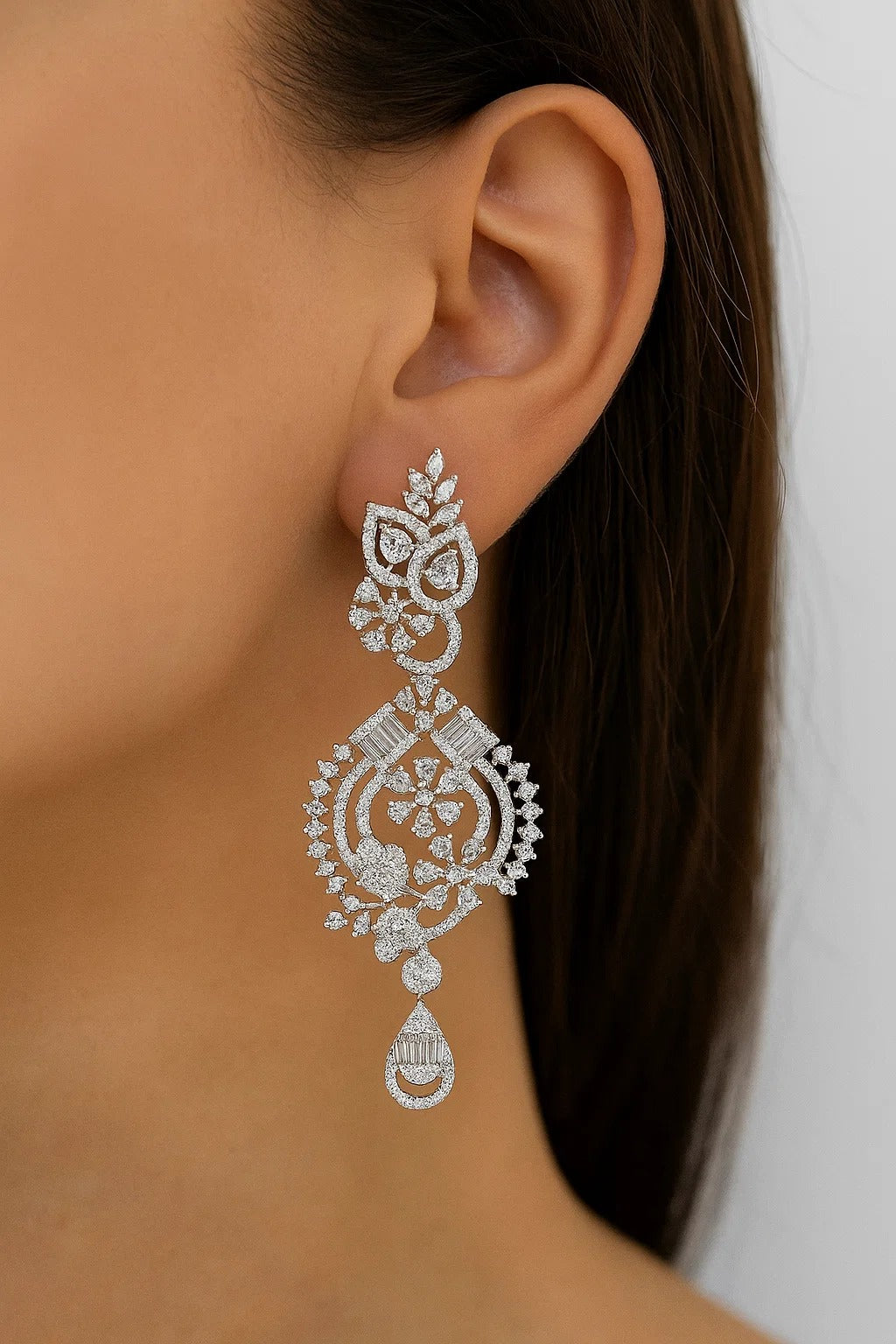 Crystal Floral CZ Long Statement Earrings