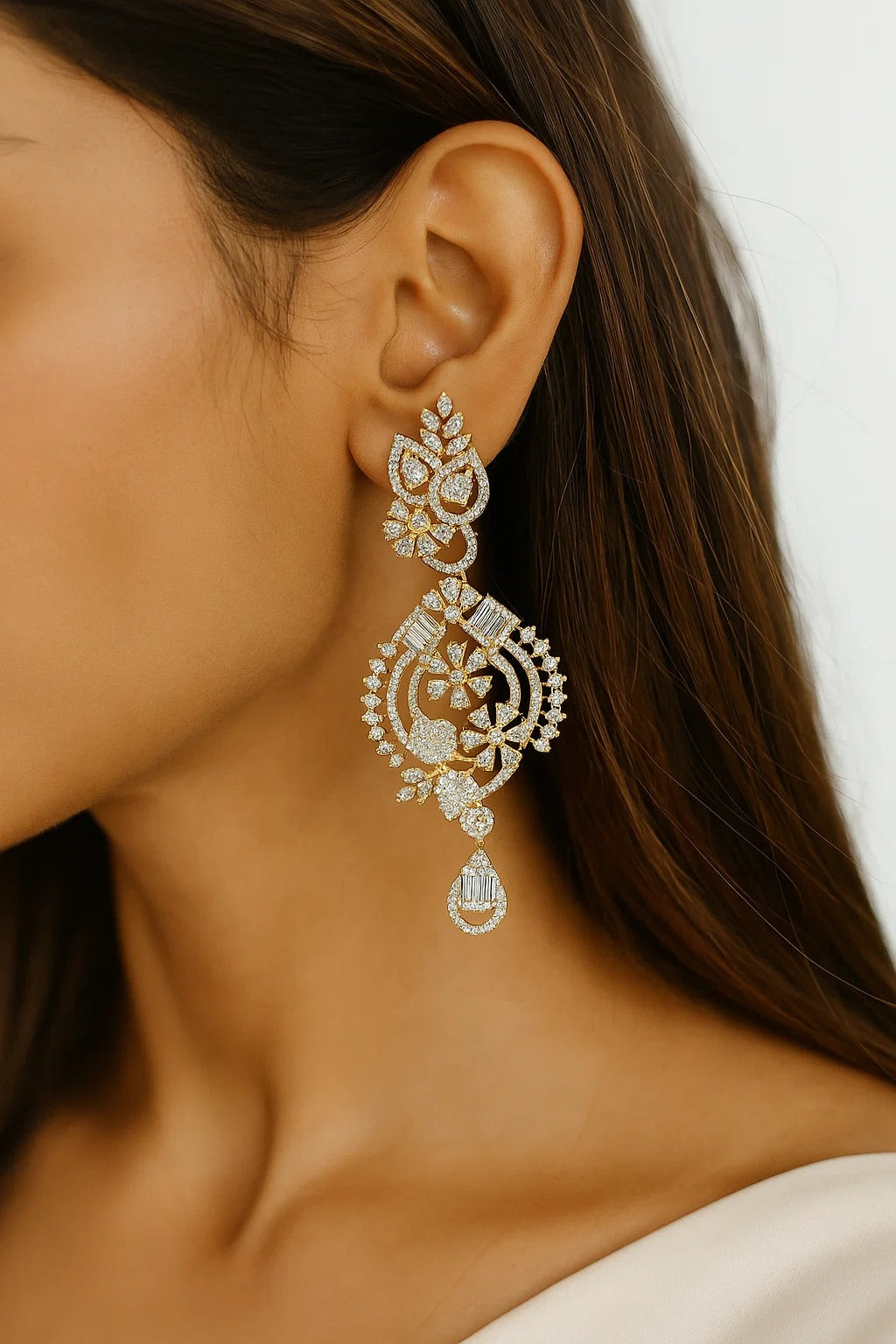 Gold Finish Crystal Floral Long Statement Earrings