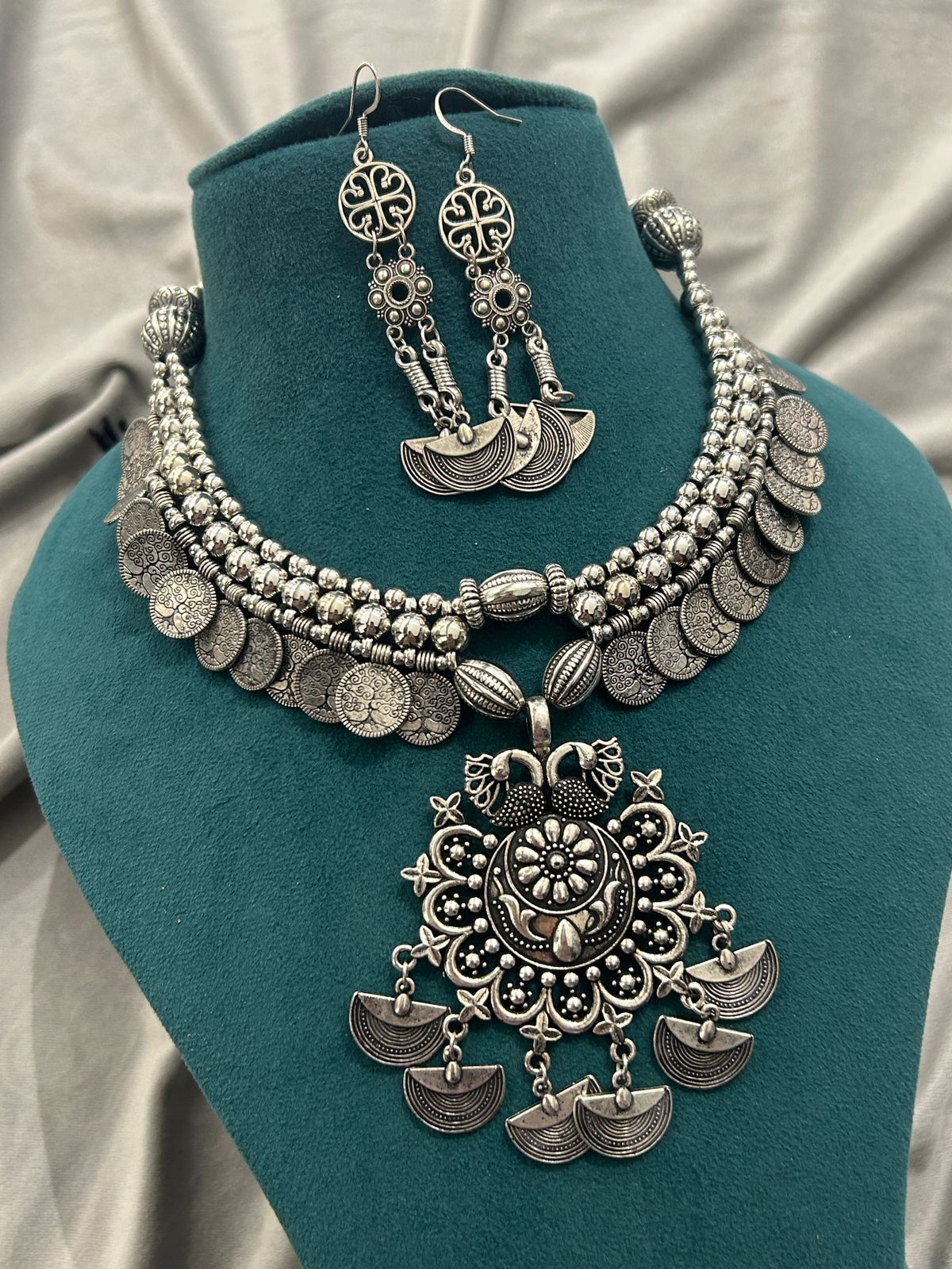 Oxidized Coin Necklace Set with Bold Pendant & Earrings