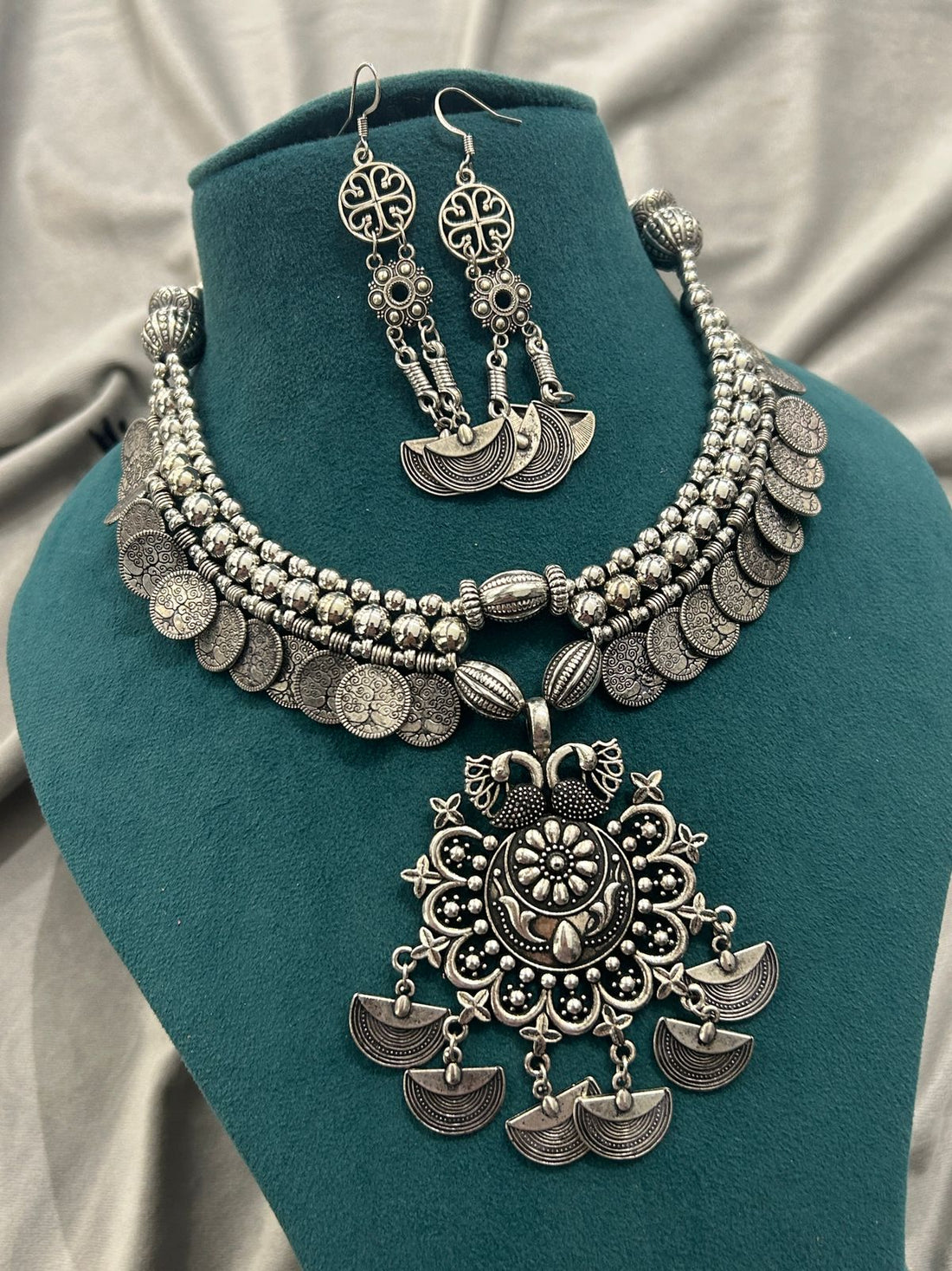 Oxidized Coin Necklace Set with Bold Pendant & Earrings